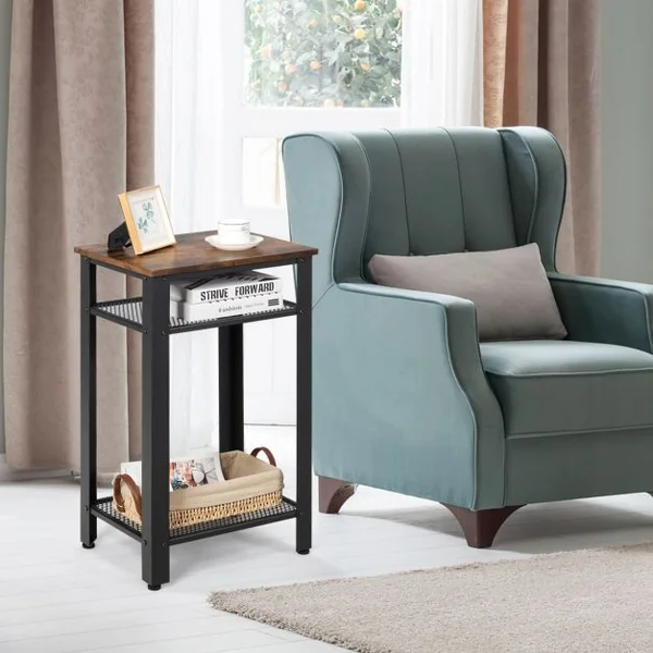 Table d'appoint Bout de Canapé Industriel avec Étagère en Treillis Pied Ajustable 45 x 35 x 75 CM