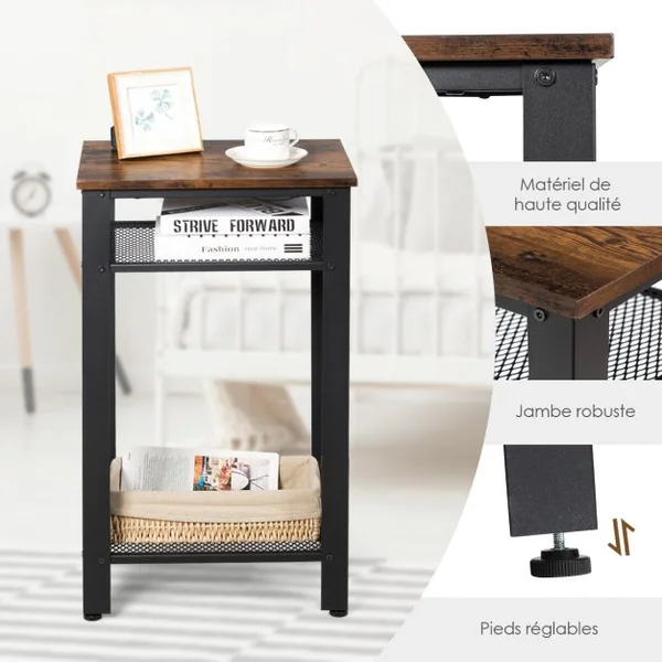 Table d'appoint Bout de Canapé Industriel avec Étagère en Treillis Pied Ajustable 45 x 35 x 75 CM
