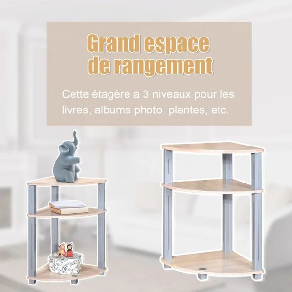 Table d'Appoint d’Angle pour Salon Chambre Etagère de Rangement à 3 Niveaux pour Coin en MDF, 35x35x56,85cm, Naturel