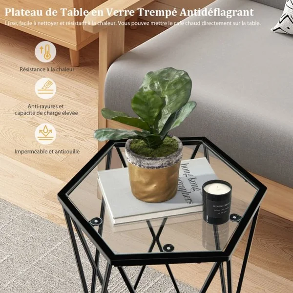 Table d'Appoint de Style Industrielle Moderne Plateau en Verre Trempé et Cadre en Acier Robuste