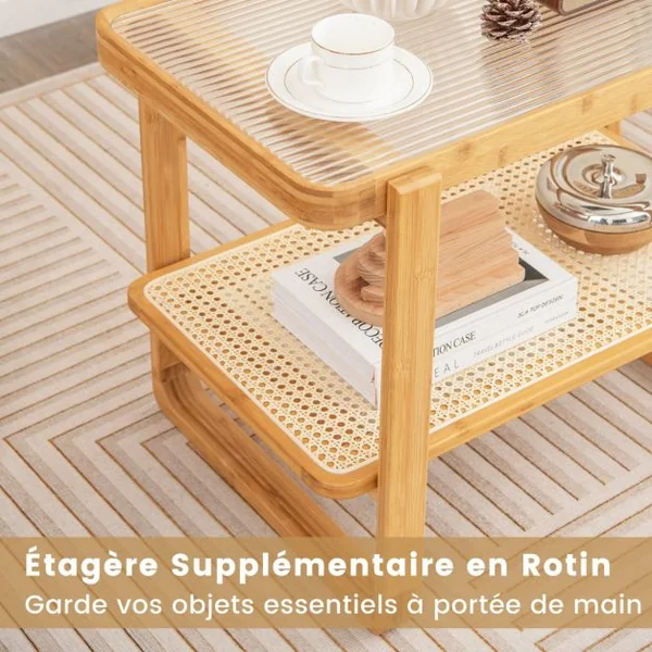Table d'Appoint en Bambou à 2 Niveaux Plateau en Verre Table de Chevet Table Basse Compacte pour Chambre Salon Naturel
