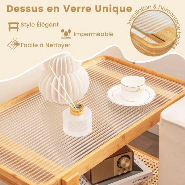 Table d'Appoint en Bambou à 2 Niveaux Plateau en Verre Table de Chevet Table Basse Compacte pour Chambre Salon Naturel