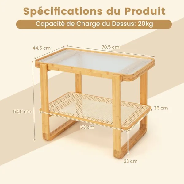 Table d'Appoint en Bambou à 2 Niveaux Plateau en Verre Table de Chevet Table Basse Compacte pour Chambre Salon Naturel