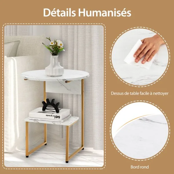 Table d'Appoint en Faux Marbre Blanc avec Plateau Rond et Étagère Carrée et Structure Dorée 50 x 34 x 61 cm