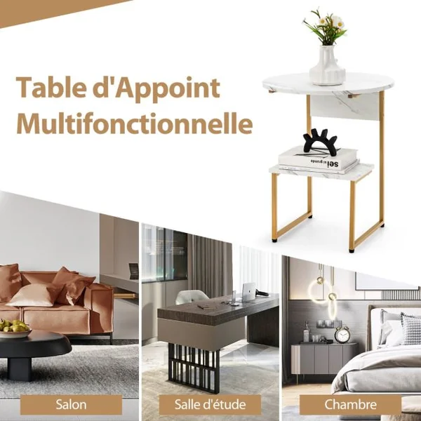 Table d'Appoint en Faux Marbre Blanc avec Plateau Rond et Étagère Carrée et Structure Dorée 50 x 34 x 61 cm