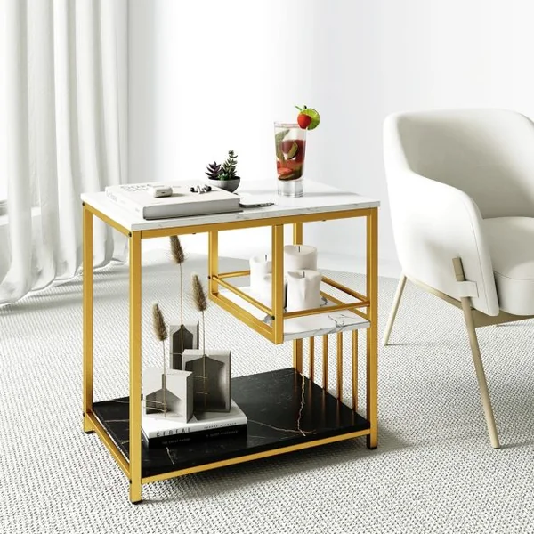 Table d'Appoint en Faux Marbre à 3 Niveaux avec Etagères de Rangement Table d'Appoint Rectangulaire de Luxe avec Cadre en Métal Doré
