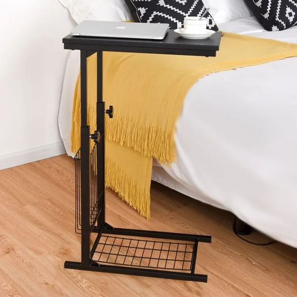 Table d’Appoint en Forme C Conception Industrielle Hauteur Réglable avec Roulettes 50 x 30 x 60-80 cm