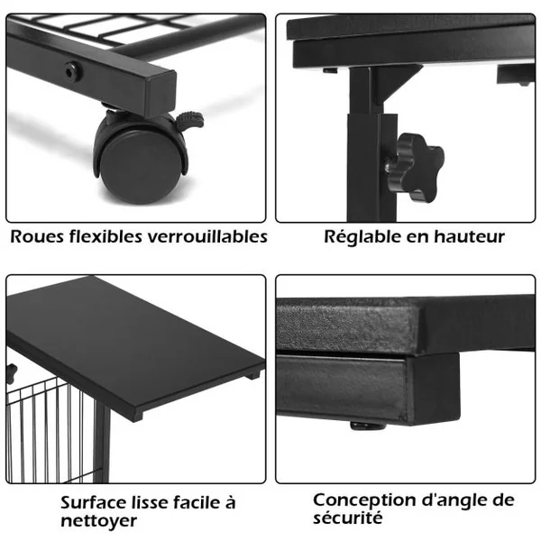 Table d’Appoint en Forme C Conception Industrielle Hauteur Réglable avec Roulettes 50 x 30 x 60-80 cm