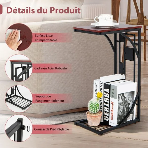 Table d'Appoint en Forme de C avec Support de Rangement Inférieur pour Salon Chambre à Coucher