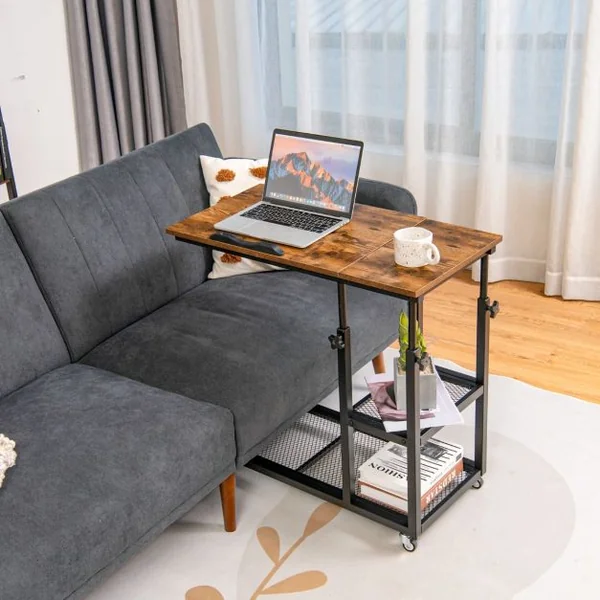Table d’Appoint en Forme de C Plateau Réglable Roulettes Verrouillables Cadre en Acier Style Industriel Brun/Marron