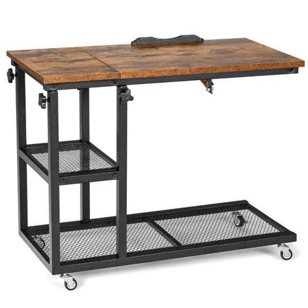 Table d’Appoint en Forme de C Plateau Réglable Roulettes Verrouillables Cadre en Acier Style Industriel Brun/Marron