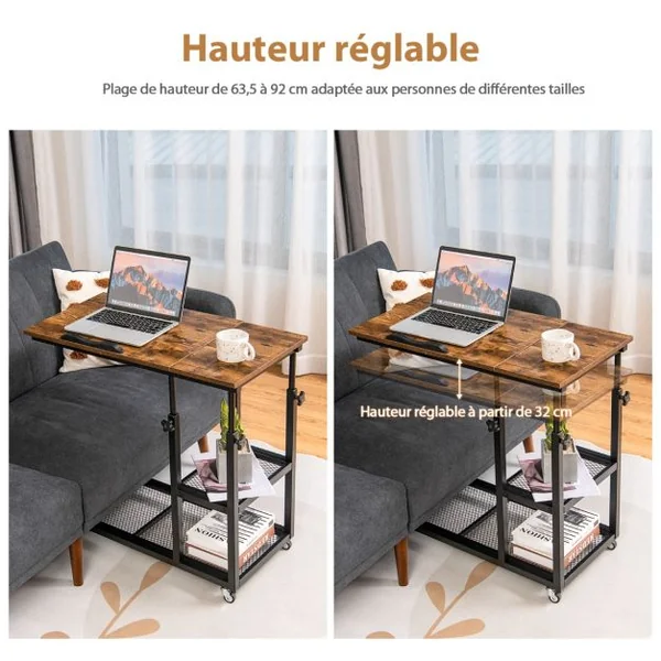 Table d’Appoint en Forme de C Plateau Réglable Roulettes Verrouillables Cadre en Acier Style Industriel Brun/Marron