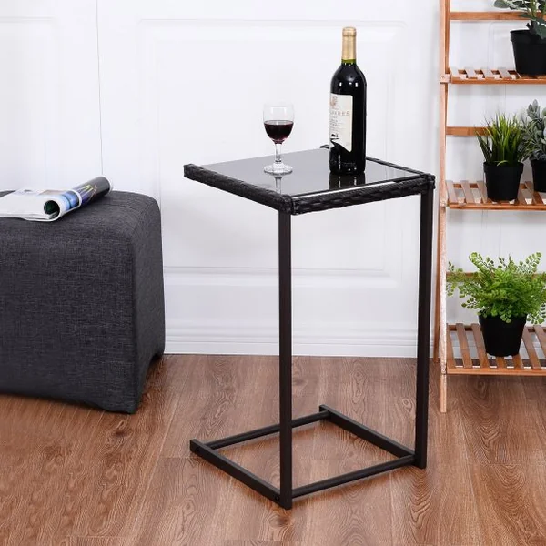 Table d’appoint en forme de C Table de lit Table de canapé Table d’ordinateur, en rotin acier verre, 38x38x66cm, Marron