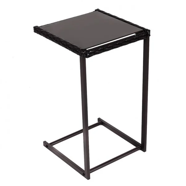 Table d’appoint en forme de C Table de lit Table de canapé Table d’ordinateur, en rotin acier verre, 38x38x66cm, Marron