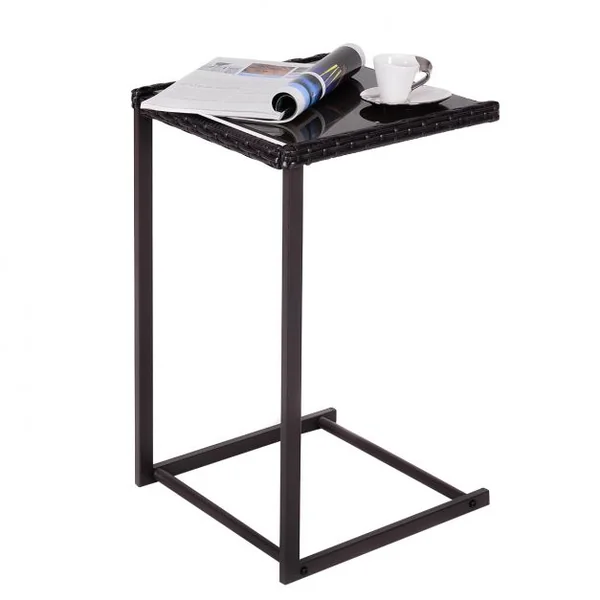 Table d’appoint en forme de C Table de lit Table de canapé Table d’ordinateur, en rotin acier verre, 38x38x66cm, Marron