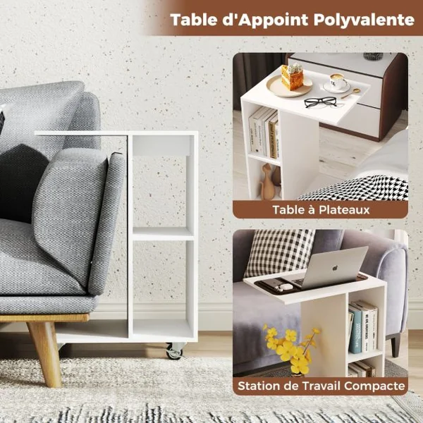 Table d'Appoint en Forme de C Table Étroite avec Étagères de Rangement Roulettes Universelles Verrouillables Table Mobile Blanc