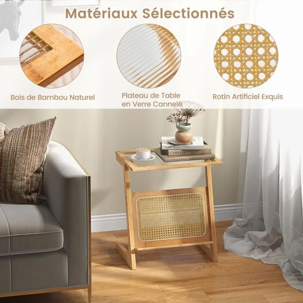 Table d'Appoint en Forme de Z avec Porte-revues Table d'Appoint en Bambou avec Plateau en Verr Étagère en Rotin Naturel