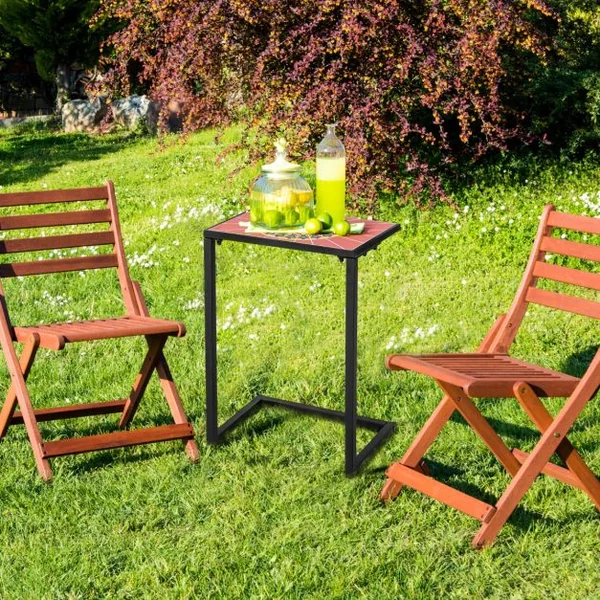 Table d'Appoint Extérieure en Forme de C Plateau en Céramique Petite Table Basse en Métal Antirouille Imperméable Charge 50KG pour Terrasse Balcon