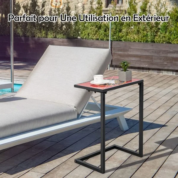 Table d'Appoint Extérieure en Forme de C Plateau en Céramique Petite Table Basse en Métal Antirouille Imperméable Charge 50KG pour Terrasse Balcon
