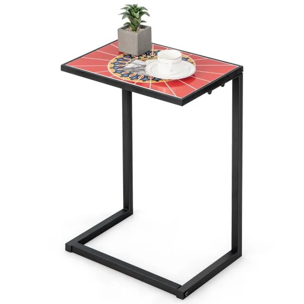 Table d'Appoint Extérieure en Forme de C Plateau en Céramique Petite Table Basse en Métal Antirouille Imperméable Charge 50KG pour Terrasse Balcon