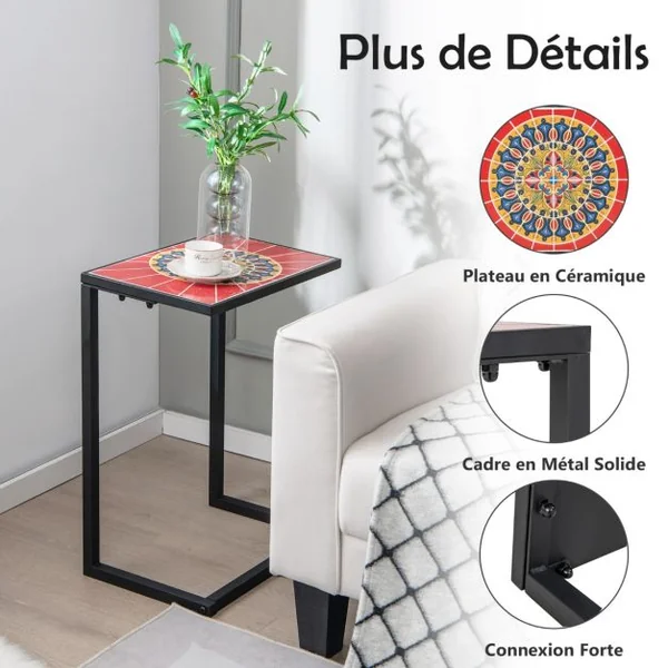 Table d'Appoint Extérieure en Forme de C Plateau en Céramique Petite Table Basse en Métal Antirouille Imperméable Charge 50KG pour Terrasse Balcon