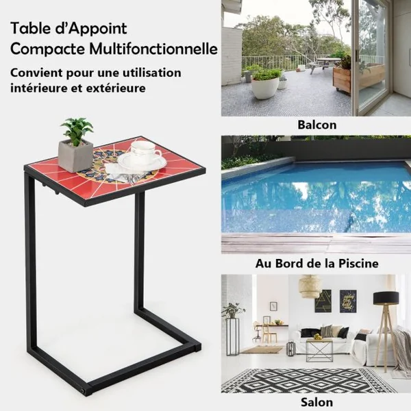 Table d'Appoint Extérieure en Forme de C Plateau en Céramique Petite Table Basse en Métal Antirouille Imperméable Charge 50KG pour Terrasse Balcon