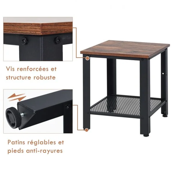 Table d'Appoint Industrielle Table de Chevet à 2 Couches 40 x 40 x 45,5CM Gris