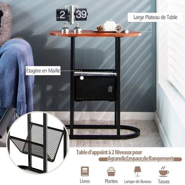 Table d'Appoint Industrielle Étagère en Maille Cadre en Acier Robuste pour Salon Chambre à Coucher Marron Rustique