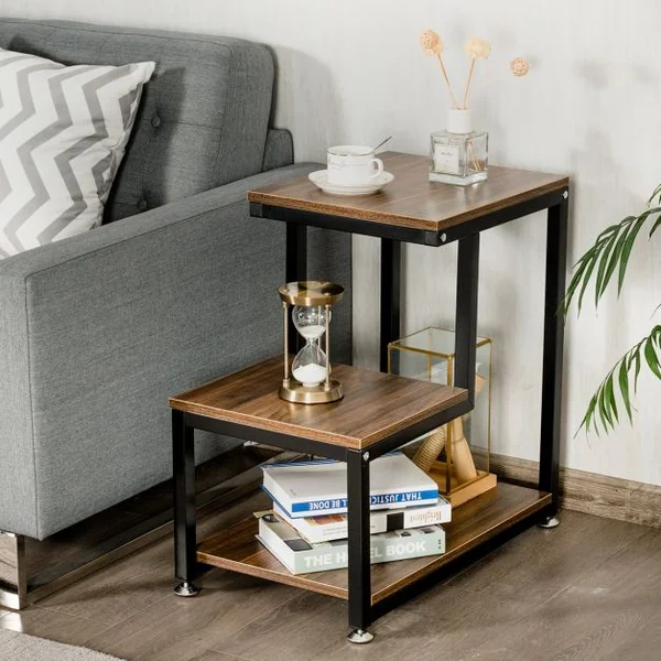 Table d’Appoint Moderne à 3 Niveaux en Bois et Métal Capacité 20 kg sur Chaque Niveau, 60x35x60cm, Marron Foncé