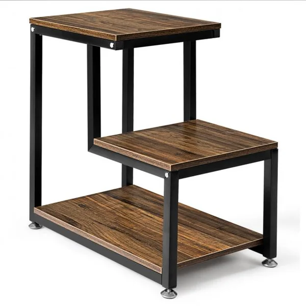 Table d’Appoint Moderne à 3 Niveaux en Bois et Métal Capacité 20 kg sur Chaque Niveau, 60x35x60cm, Marron Foncé