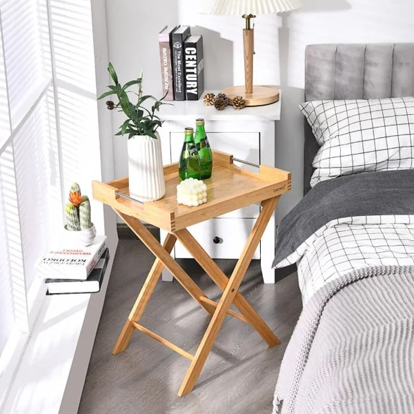 Table d'Appoint Pliante en Bambou avec Plateau Amovible Petite Table Basse avec Poignée en Acier Inoxydable 47x38x58,5 CM Naturel