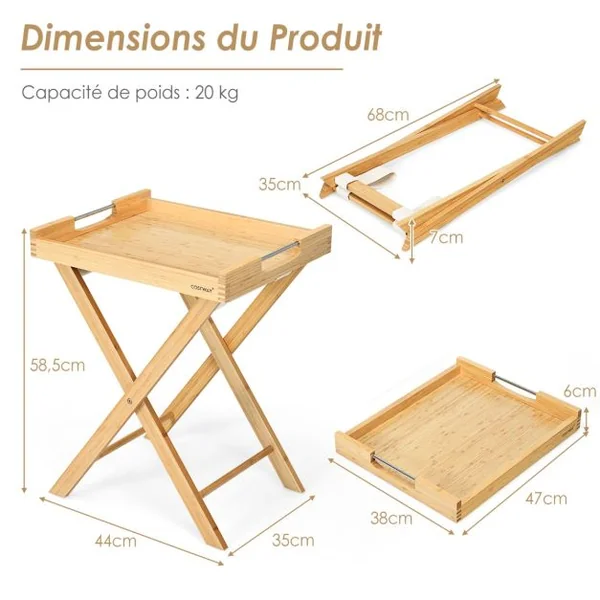 Table d'Appoint Pliante en Bambou avec Plateau Amovible Petite Table Basse avec Poignée en Acier Inoxydable 47x38x58,5 CM Naturel