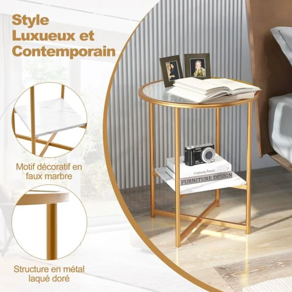 Table d'Appoint Ronde Bout de Canapé en Verre Trempé Ondulé Cadre en Métal Étagère en Faux Marbre Petite Table Basse Salon 50 x 50 x 60 cm Blanc