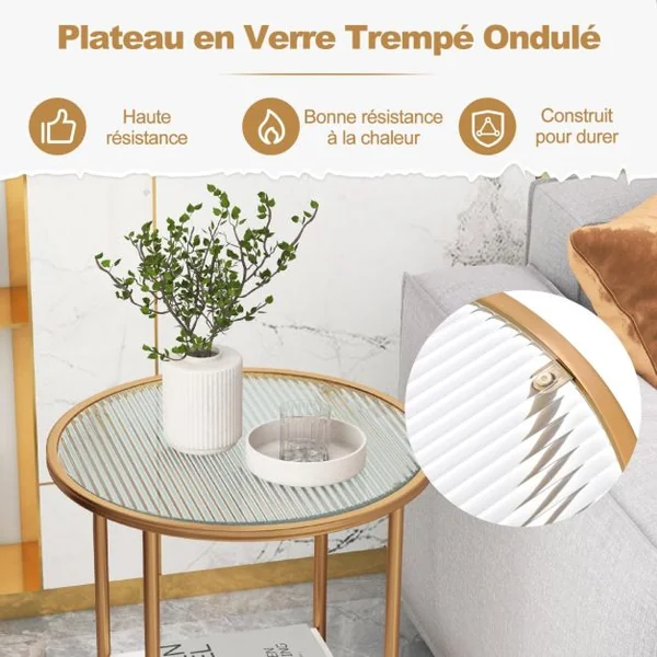Table d'Appoint Ronde Bout de Canapé en Verre Trempé Ondulé Cadre en Métal Étagère en Faux Marbre Petite Table Basse Salon 50 x 50 x 60 cm Blanc