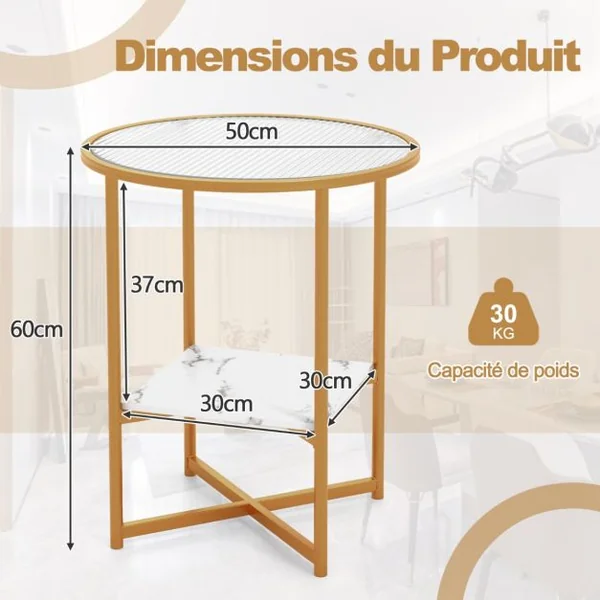 Table d'Appoint Ronde Bout de Canapé en Verre Trempé Ondulé Cadre en Métal Étagère en Faux Marbre Petite Table Basse Salon 50 x 50 x 60 cm Blanc