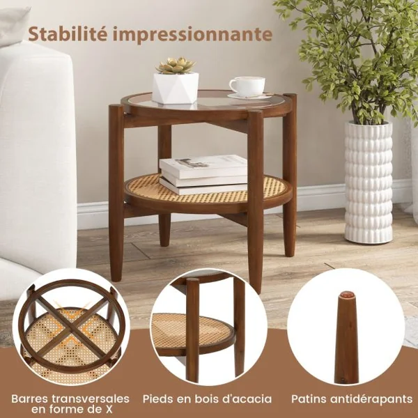 Table d’Appoint Ronde en Bois Bout de Canape avec Plateau en Verre Trempé Design Cannage en Rotin PE Petite Table Basse Salon 56 x 56 x 46 cm