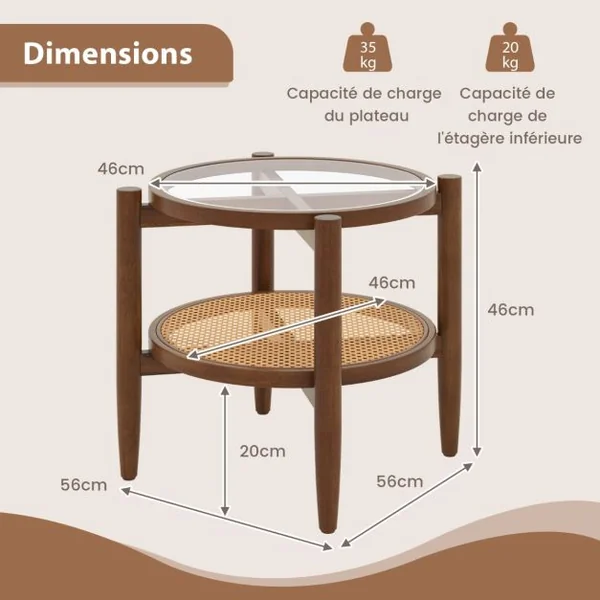 Table d’Appoint Ronde en Bois Bout de Canape avec Plateau en Verre Trempé Design Cannage en Rotin PE Petite Table Basse Salon 56 x 56 x 46 cm