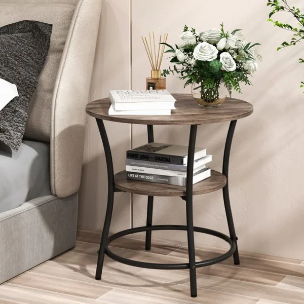 Table d'Appoint Ronde Style Industrielle Dia.55 CM à 2 Niveaux Cadre en Métal Grain de Chêne Gris