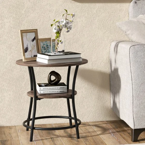 Table d'Appoint Ronde Style Industrielle Dia.55 CM à 2 Niveaux Cadre en Métal Grain de Chêne Gris