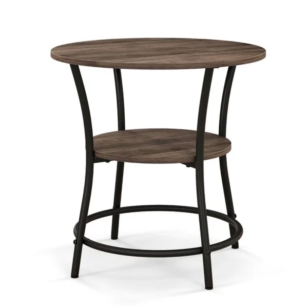 Table d'Appoint Ronde Style Industrielle Dia.55 CM à 2 Niveaux Cadre en Métal Grain de Chêne Gris