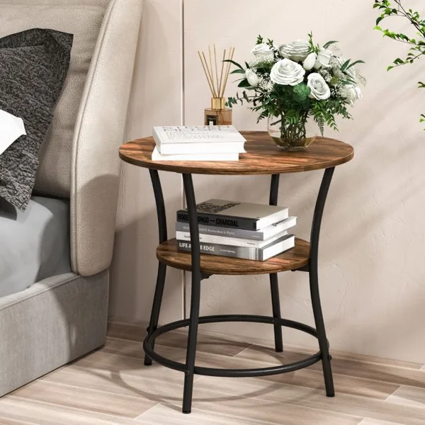 Table d'Appoint Ronde Style Industrielle Dia.55 CM à 2 Niveaux Cadre en Métal Marron Rustique