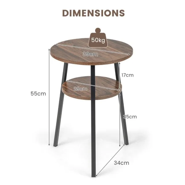 Table d'Appoint Ronde à 2 Niveaux Style Industrielle Dia.39 CM Cadre en Métal Café