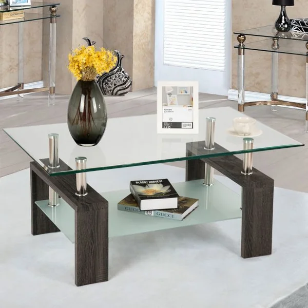 Table d’appoint Table basse avec étagère inférieure Plateau en verre trempé transparent, 100x60x45cm, Noir ou naturel