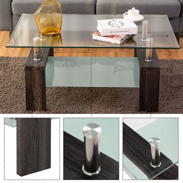 Table d’appoint Table basse avec étagère inférieure Plateau en verre trempé transparent, 100x60x45cm, Noir ou naturel