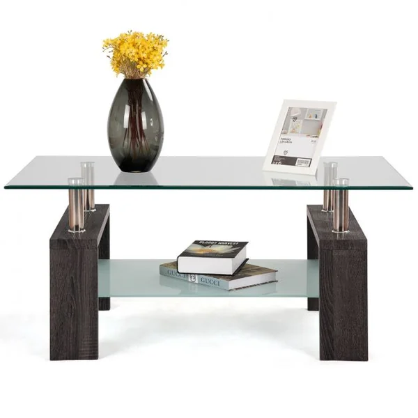 Table d’appoint Table basse avec étagère inférieure Plateau en verre trempé transparent, 100x60x45cm, Noir ou naturel