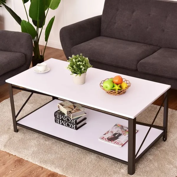 Table d'appoint Table basse Industrielle Table basse en métal et bois massif, 120x60x50 cm, Blanc