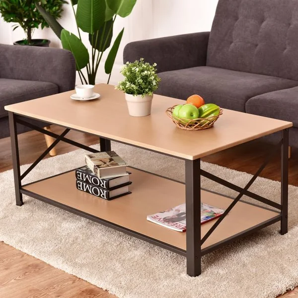 Table d'appoint Table basse Industrielle Table basse en métal et bois massif, 120x60x50 cm, Naturel