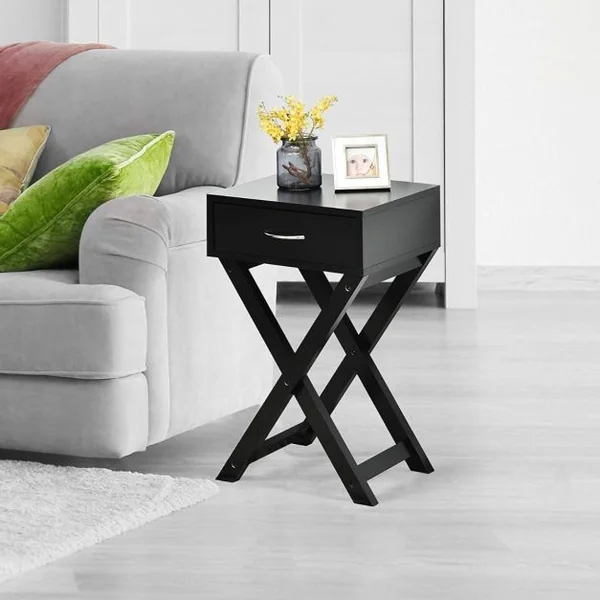 Table d'Appoint Table de Chevet Bout de Canapé avec Un Tiroir Conception Stable en Forme de X Moderne Noir