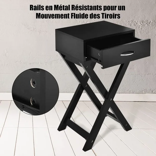 Table d'Appoint Table de Chevet Bout de Canapé avec Un Tiroir Conception Stable en Forme de X Moderne Noir