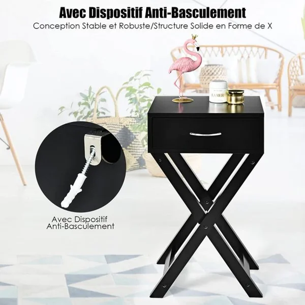 Table d'Appoint Table de Chevet Bout de Canapé avec Un Tiroir Conception Stable en Forme de X Moderne Noir